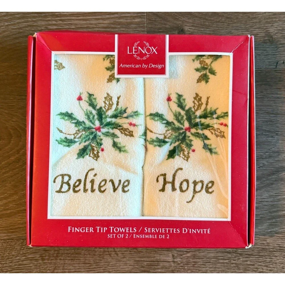 Lenox Christmas Finger Tip Hand Towels Set of 2 Holly Cream Believe Hope NEW